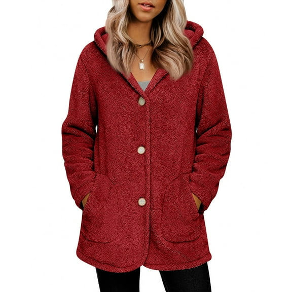 QHRMKOG Fuzzy Fleece Coats for Women Button Down Long Sleeve Fleece Jacket Thermal Sherpa Fall Hoodies Outwear Basic Plus Size Womens Pullover with Pockets, Red S