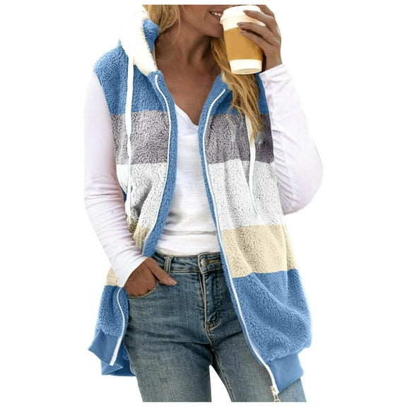 QHRMKOG Fuzzy Fleece Vest for Women Zip Up Casual Plus Size Vests Fall Sleeveless Cotton Warm Jackets Soild Lightweight Hooded Cardigan for Women, Blue XXL