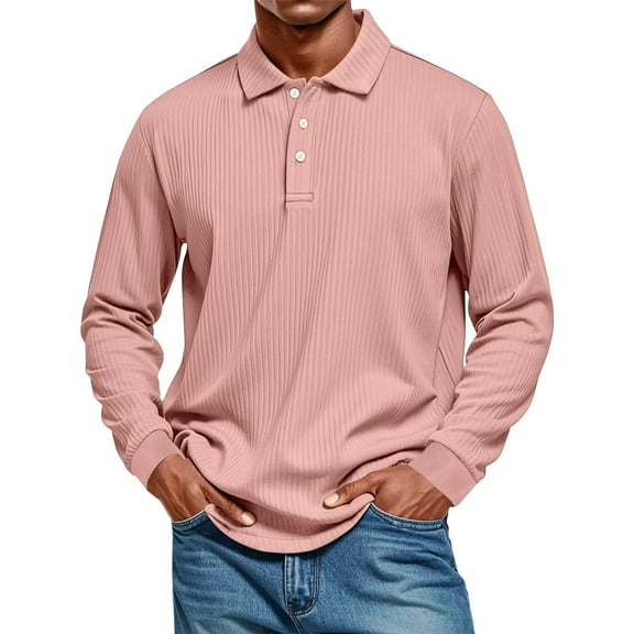 QHRMKOG Golf Polos for Men Athletic Quick Dry Long Sleeve Collared Polo Shirts Casual Relaxed Fit Button Golf Shirts Lightweight Shirt Pink XL