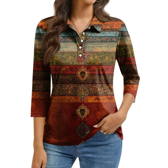 QHRMKOG Golf Shirts for Women Vintage Button Down 3/4 Length Sleeve Polo Shirt Relaxed Fit Bisiness Collared Golf Shirts Summer Trendy Blouse Yellow L