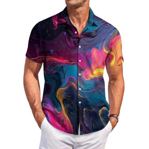 QHRMKOG Hawaiian Shirt for Men Relaxed Fit Print Short Sleeve Beach Shirts Light Tropical Holiday Button Hawaiian Shirts Summer Trendy Shirts Purple L