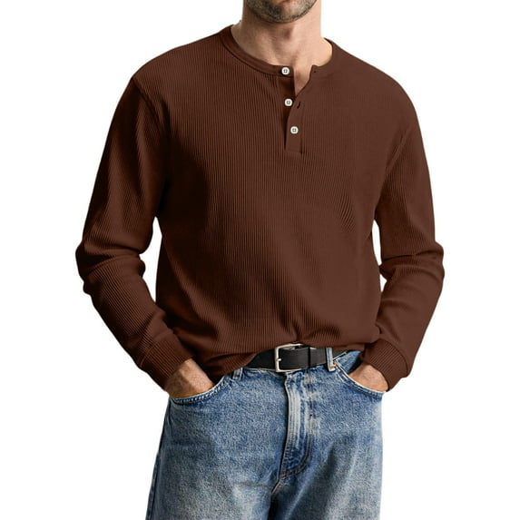 QHRMKOG Henley Shirts for Men Long Sleeve Classic Fit Warm Solid Color Shirt Casual T-Shirts Trendy Pullover Top Brown XL