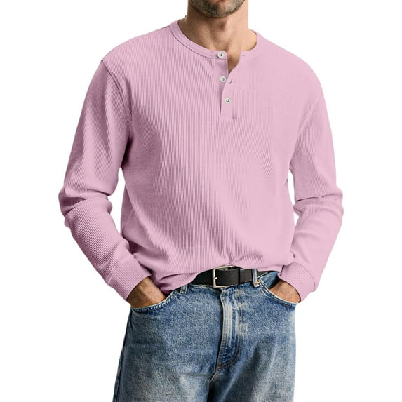QHRMKOG Henley Shirts for Men Long Sleeve Modern Fit Thermal Basic Color Shirt Comfort T-Shirt Trendy Pullover Top Pink XL
