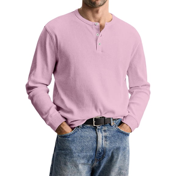 QHRMKOG Henley Shirts for Men Long Sleeve Modern Fit Thermal Basic Color Shirt Comfort T-Shirt Trendy Pullover Top Pink XL