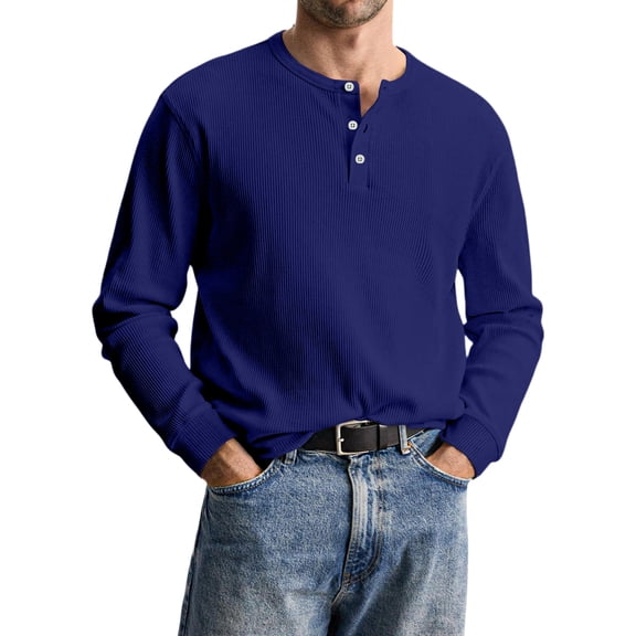 QHRMKOG Henley Shirts for Men Warm Basic Color Full Length Sleeve Shirt Classic Fit Comfort T-Shirts Trendy Pullover Top Blue L