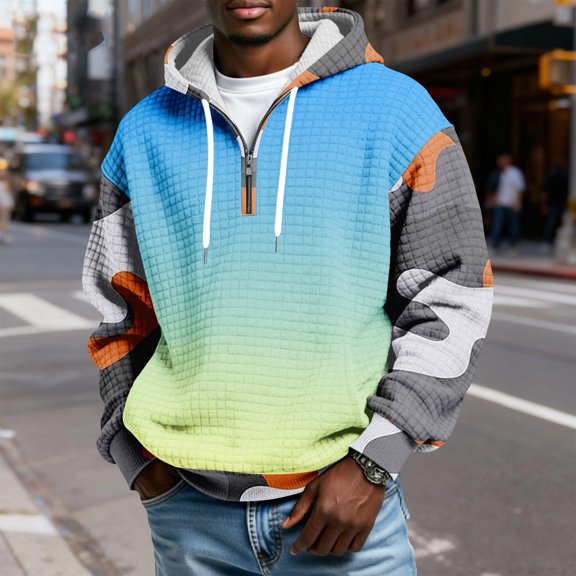 QHRMKOG Hoodies for Men Loose Fit 1/4 Zip Plaid Hooded Sweatshirt with Pockets Casual Long Sleeve Drawstring Pullover Hoodie Winter Warm Shirts Blue L