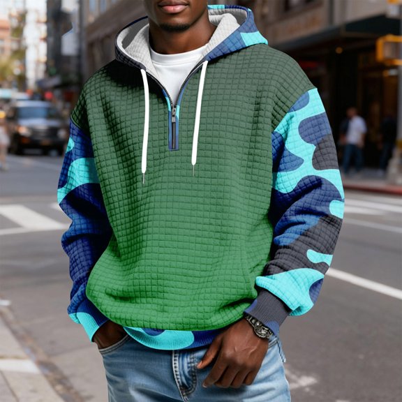 QHRMKOG Hoodies for Men Relaxed Fit 1/4 Zip Plaid Hooded Sweatshirts with Pockets Trendy Long Sleeve Drawstring Pullover Hoodie Qutumn Warm Shirts Green L