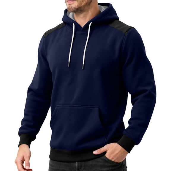 QHRMKOG Hoodies for Men Color Block Long Sleeve Athletic Hooded Sweatshirts with Pockets Warm Winter Essentials Shirt Casual Pullover Tops Blue 3XL