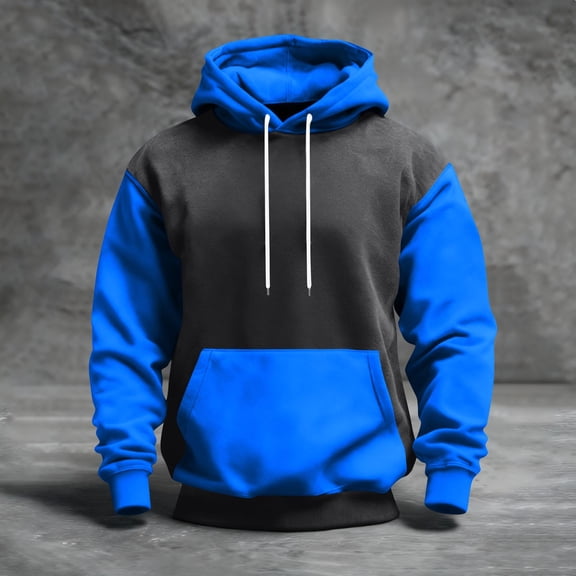 QHRMKOG Hoodies for Men Loose Fit Color Block Hooded Sweatshirrt Trendy Long Sleeve Drawstring Pullover Hoodies Fall Warm Tops with Pockets Blue M