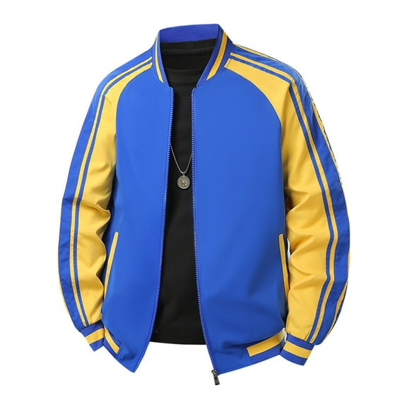 QHRMKOG Jackets for Men Casual Color Block Full-Length Sleeve Full Zip Baseball Varsity Jacket Comfort Coat with Pockets Classic Fit Workout Outerwear Blue 3XL