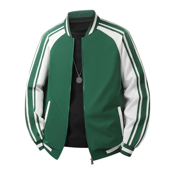 QHRMKOG Jackets for Men Fashion Color Block Long Sleeve Zip Up Baseball Varsity Jacket Comfort Coat with Pockets Regular Fit Sport Outerwear Green 3XL