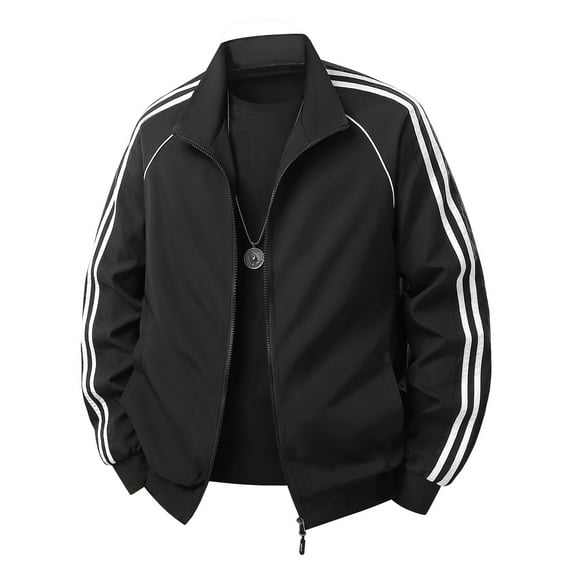 QHRMKOG Jackets for Men Trendy Color Block Long Sleeve Full Zipper Baseball Varsity Jacket Comfort Coats with Pockets Regular Fit Sport Outerwear Black L