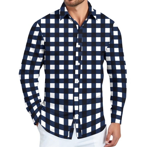 QHRMKOG Long Sleeve Button Up Shirts for Men Relaxed Fit Office Dress Shirt Casual Plaid Shirts 2026 Autumn Top Blue XL