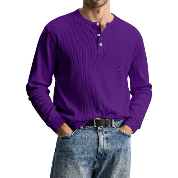 QHRMKOG Long Sleeve Henley Shirts for Men Classic Fit Warm Solid Color Shirt Casual T-Shirt Fashion Pullover Top Purple S