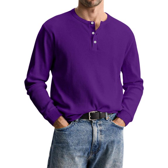 QHRMKOG Long Sleeve Henley Shirts for Men Modern Fit Warm Basic Color Shirt Comfort T-Shirt Trendy Pullover Tops Purple 2XL