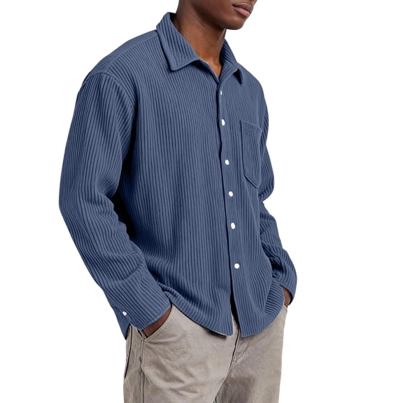 QHRMKOG Long Sleeve Shirts for Men Relaxed Fit Corduroy Dress Shirt Solid Color Button Down Shirts Autumn Trendy Top with Pockets Blue M