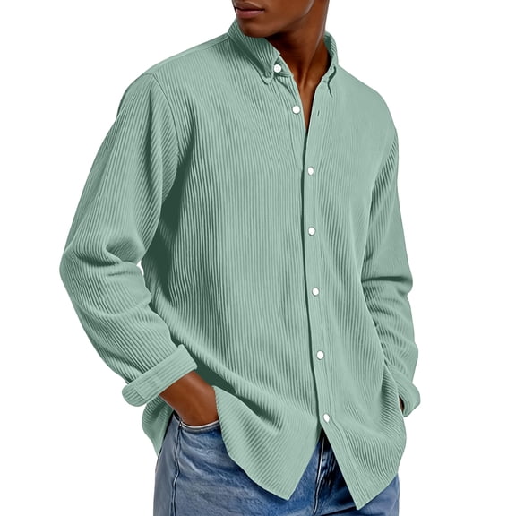 QHRMKOG Long Sleeve Shirts for Men Solid Color Corduroy Dress Shirt with Pockets Loose Fit Button Up Shirt Fall Casual Top Green 3XL