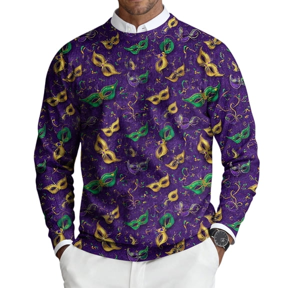QHRMKOG Mardi Gras Sweaters for Men Loose Fit Carnival Graphic Knit Ribbed Sweatshirt Casual Long Sleeve Round Neck Pullover Sweater Fall Warm Shirts Purple 4XL