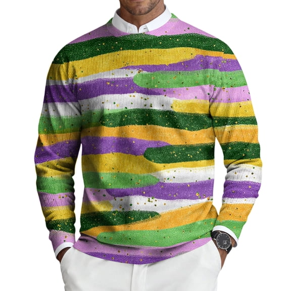 QHRMKOG Mardi Gras Sweaters for Men Loose Fit Carnival Print Knit Ribbed Sweatshirts Casual Long Sleeve Crew Neck Pullover Sweater Winter Warm Shirt Orange XL