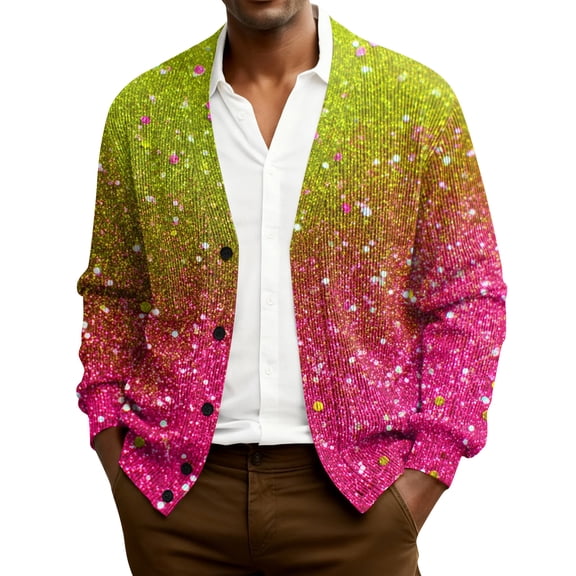 QHRMKOG Men Cardigan Loose Fit Mardi Gras Carnival Print V Neck Cardigan Sweater Fashion Long Sleeve Button Cardigan Winter Knit Sweaters Pink 3XL