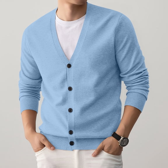 QHRMKOG Men Cardigan Relaxed Fit Long Sleeve V Neck Cardigan Sweaters Casual Solid Color Button Up Cardigan Autumn Warm Knitted Sweater Blue M