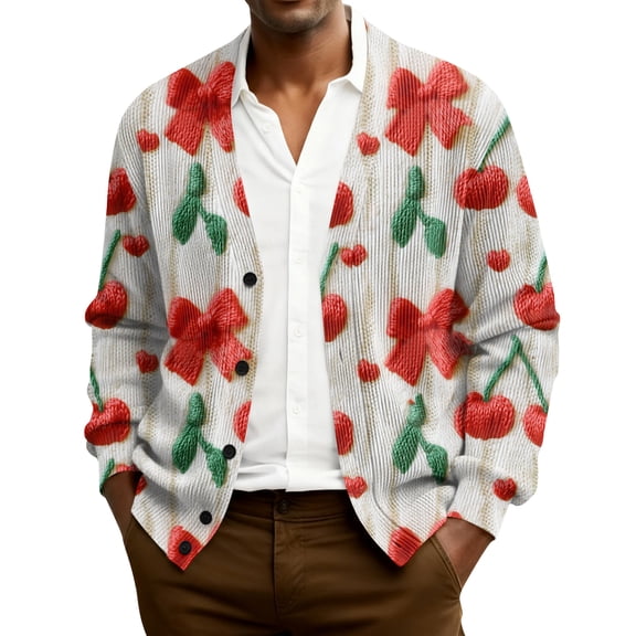 QHRMKOG Men Cardigan Romantic Valentine's Day Heart Cardigan Sweater Graphic Loose Fit Long Sleeve V Neck Button Up Cardigan Casual Ribbed Knit Sweater Red XL