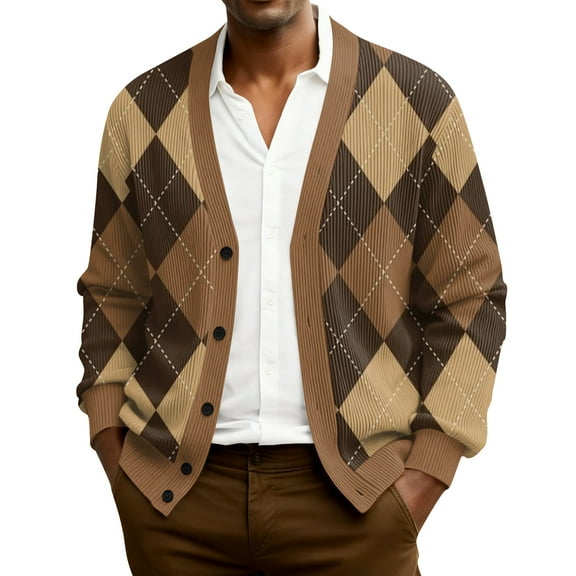 QHRMKOG Men Cardigan Sweater Relaxed Fit Long Sleeve V Neck Cardigans Trendy Color Block Checkerboard Print Cardigan Sweaters Autumn Vintage Knitted Ribbed Sweater Brown XL