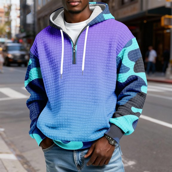 QHRMKOG Men Hoodie Loose Fit 1/4 Zip Hooded Sweatshirt Fashion Long Sleeve Plaid Drawstring Hoodies Fall Warm Pullover with Pockets Purple L