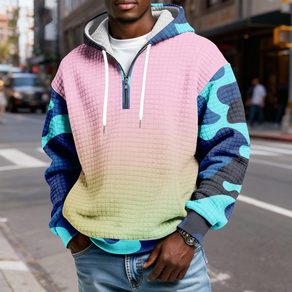 QHRMKOG Men Hoodie Loose Fit 1/4 Zip Hooded Sweatshirt Trendy Long Sleeve Plaid Drawstring Hoodies Winter Warm Pullover with Pockets Pink M