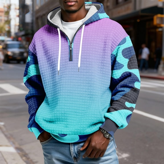 QHRMKOG Men Hoodie Relaxed Fit 1/4 Zip Hooded Sweatshirt Trendy Long Sleeve Plaid Drawstring Hoodie Winter Warm Pullover with Pockets Purple XL