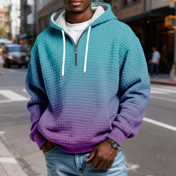 QHRMKOG Men Hoodie Relaxed Fit Quarter Zip Hooded Sweatshirts Trendy Long Sleeve Plaid Drawstring Hoodies Winter Warm Pullover with Pockets Blue XL