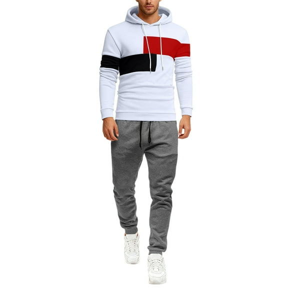 QHRMKOG Men Jogging Suits Sets Color Block Fleece Hoodie and Sweatpants Tracksuit Athletic Sweatsuit Set Casaul Outfit White XL