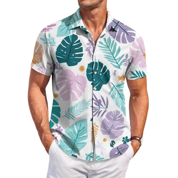 QHRMKOG Men Shirt Loose Fit Tropical Print Short Sleeve Hawaiian Shirts Breathable Holiday Button Beach Shirt Summer Casual Top Purple M