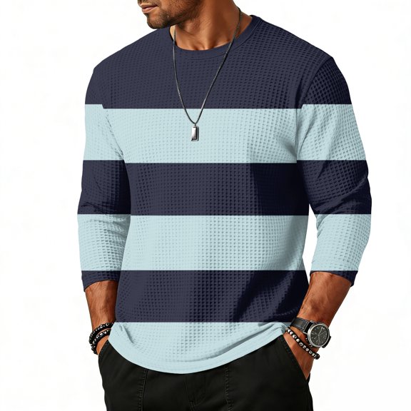 QHRMKOG Men Tops Fashion Striped 3/4 Length Sleeve Pullover Relaxed Fit Breathable Round Neck Tshirt 2026 Spring Street Tops Black 2XL