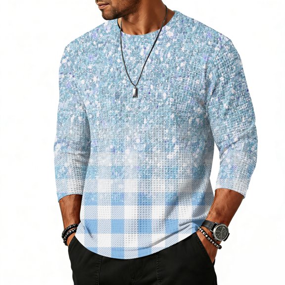 QHRMKOG Men Tops Relaxed Fit 3/4 Length Sleeve Round Neck Tshirt Trendy Plaid Breathable Shirt 2026 Spring Street Top Blue 2XL