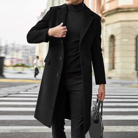 QHRMKOG Men Trench Coat Slim Fit Office Single Breasted Pea Coat Trendy Notched Lapel Long Trench Coat Winter Warm Overcoat with Pockets Black 2XL