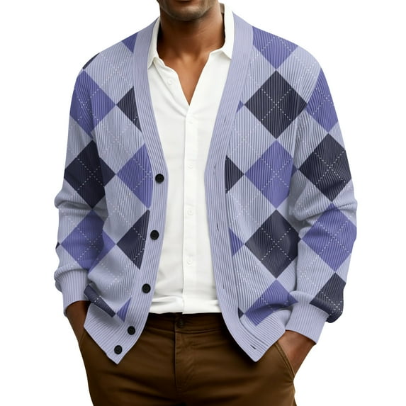 QHRMKOG Men's Cardigan Sweaters Relaxed Fit Long Sleeve V Neck Cardigan Fashion Color Block Argyle Graphic Cardigan Sweaters Fall Vintage Knitted Ribbed Sweater Purple M