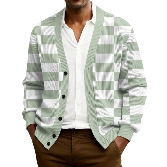 QHRMKOG Men's Cardigan Sweaters Relaxed Fit Long Sleeve V Neck Cardigan Fashion Color Block Checkerboard Graphic Cardigan Sweaters Winter Vintage Knitted Ribbed Sweaters Green XL