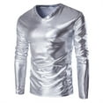 thumbnail image 1 of QHRMKOG Men's Faux Leather Shiny Metallic Shirt, Round Neck Slim Fit Tunic Top, Wet Look Hip Hop Nightclub Party Fashion Blouse Silver M, 1 of 3