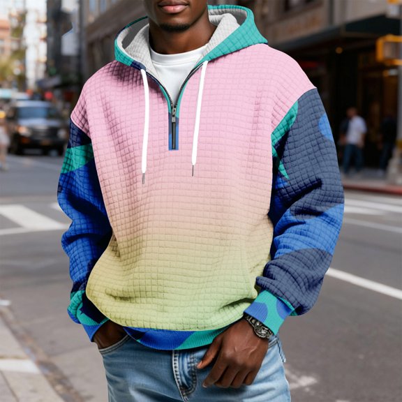 QHRMKOG Men's Hoodie Loose Fit Quarter Zip Hooded Sweatshirts Casual Long Sleeve Plaid Drawstring Hoodies Qutumn Warm Pullover with Pockets Pink M