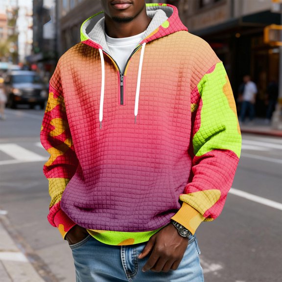 QHRMKOG Men's Hoodie Relaxed Fit Quarter Zip Hooded Sweatshirt Trendy Long Sleeve Plaid Drawstring Hoodie Winter Warm Pullover with Pockets Red 2XL