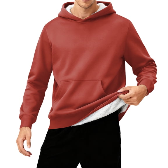 QHRMKOG Men's Hoodies Long Sleeve Solid Color Outdoor Fleece Hooded Sweatshirt with Pockets Fall Essentials Warm Shirt Fashion Pullover Tops Red M