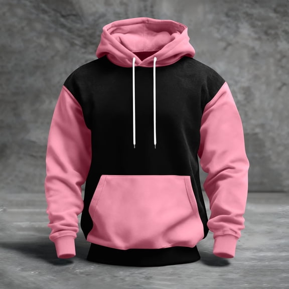 QHRMKOG Men's Hoodies Loose Fit Color Block Hooded Sweatshirts Casual Long Sleeve Drawstring Pullover Hoodie Winter Warm Tops with Pockets Pink 2XL
