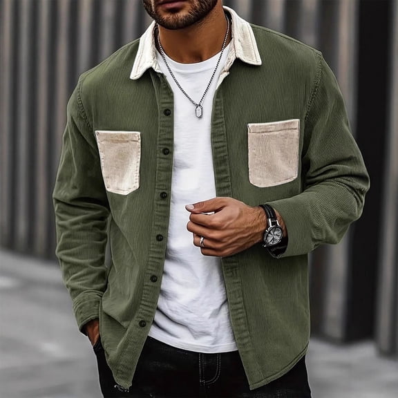 QHRMKOG Men's Jackets Color Block Long Sleeve Button Down Shirt Jacket Loose Fit Midweight Shirts Autumn Fashion Warm Jacket with Pockets Green 2XL
