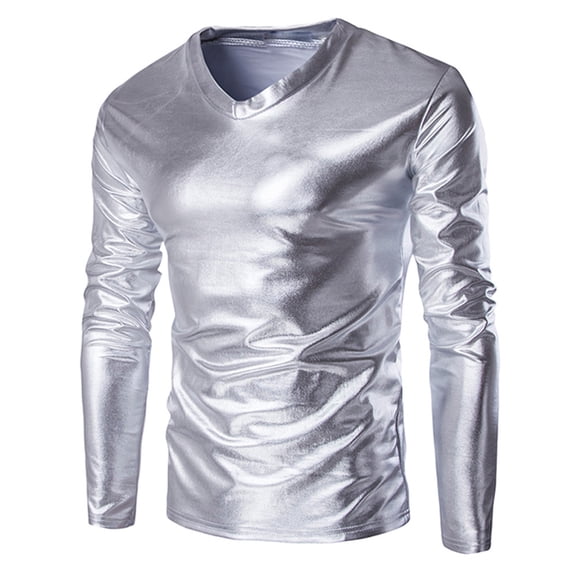 QHRMKOG Men's PU Leather Shiny Tunic Top, Round Neck Slim Fit Shirt, Metallic Wet Look Hip Hop Nightclub Party Undershirt Silver 4XL