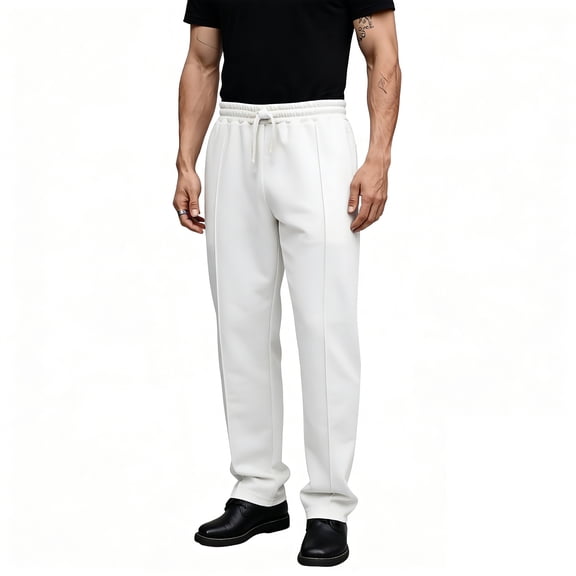 QHRMKOG Men's Pants Relaxed Fit Drawstring Elastic Waist Jogger Solid Color Outdoor Straight Leg Sweatpant Trendy Pant with Pockets White M