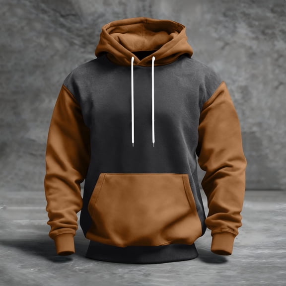 QHRMKOG Men's Pullover Hoodies Fashion Color Block Hooded Sweatshirrt Relaxed Fit Long Sleeve Drawstring Hoodie Fall Warm Tops with Pockets Brown M