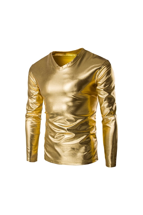 Men's Shiny Faux Leather Tunic Top, Round Neck Slim Fit Shirt, Metallic Wet Look Hip Hop Nightclub Party Undershirt Yellow 4XL