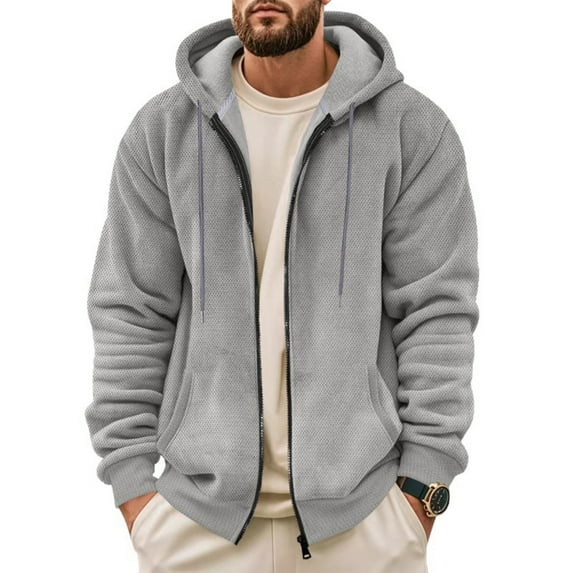 QHRMKOG Men's Winter Jackets Loose Fit Warm Sherpa Hoodies Solid Color Full Zipper Drawstring Hooded Sweatshirt Fashion Outwear with Pockets Gray 2XL