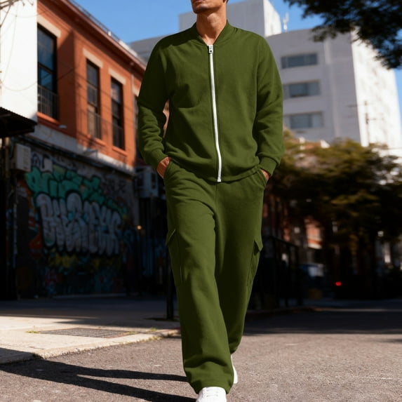 QHRMKOG Mens 2 Piece Outfits Solid Color Zip Up Sweatshirts and Cargo Pants Set Outdoor Workout Top&cargao Pant Casual Outfit Green XL